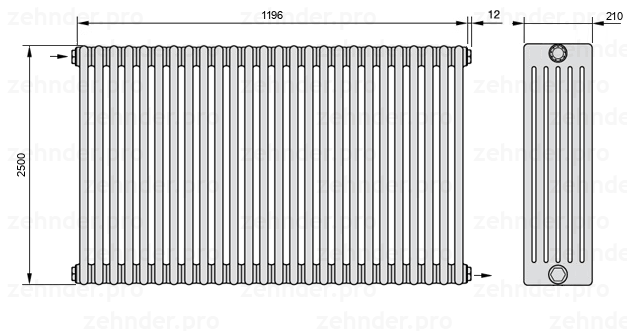 Схема (чертеж) Радиатор Zehnder Charleston 6250/26 №1670 Белый глянцевый RAL 9016